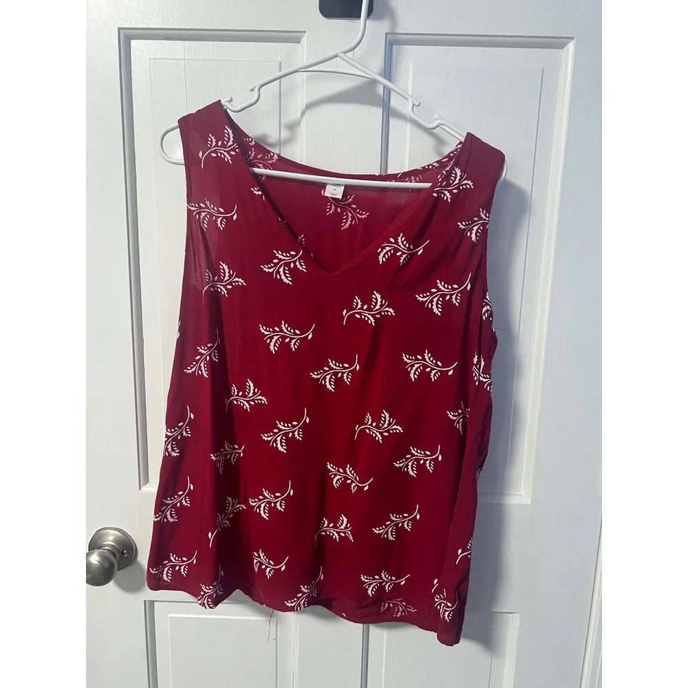 Old Navy Womens Burgundy White Botanical Leaf Print Sleeveless V-Neck Blouse M - Picture 4 of 6